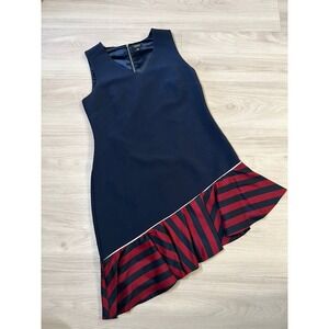 Vertigo Women Dress Collection Navy Red Stripe Asymmetrical Ruffle Hem Size M